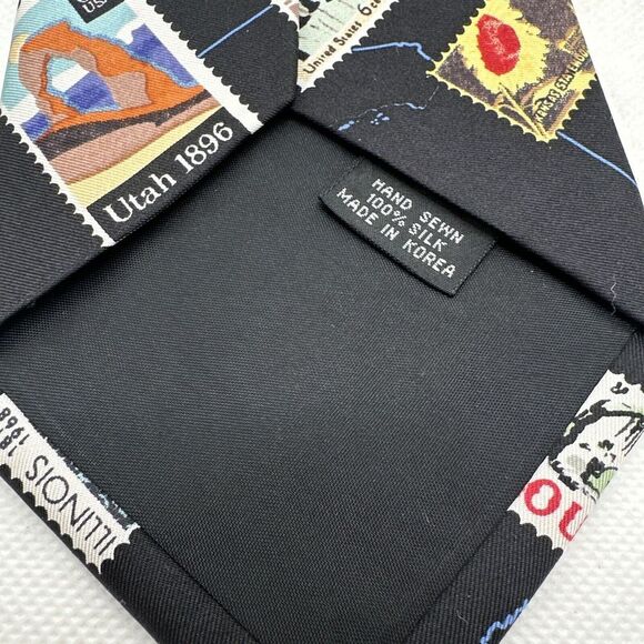 VTG Nicole Miller Silk Necktie Mens‎ Black Novelty State Stamps USA 57"x 4" NWT - Picture 4 of 15